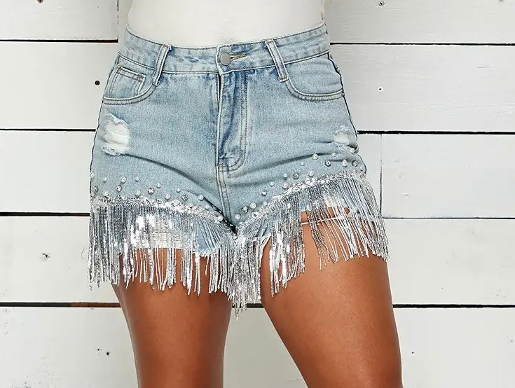 Rhinestone Fringe Trimmed Denim Shorts